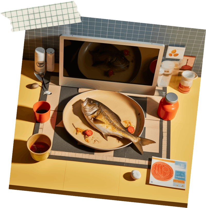 a plate with a fish on a desk in front of a computer screen