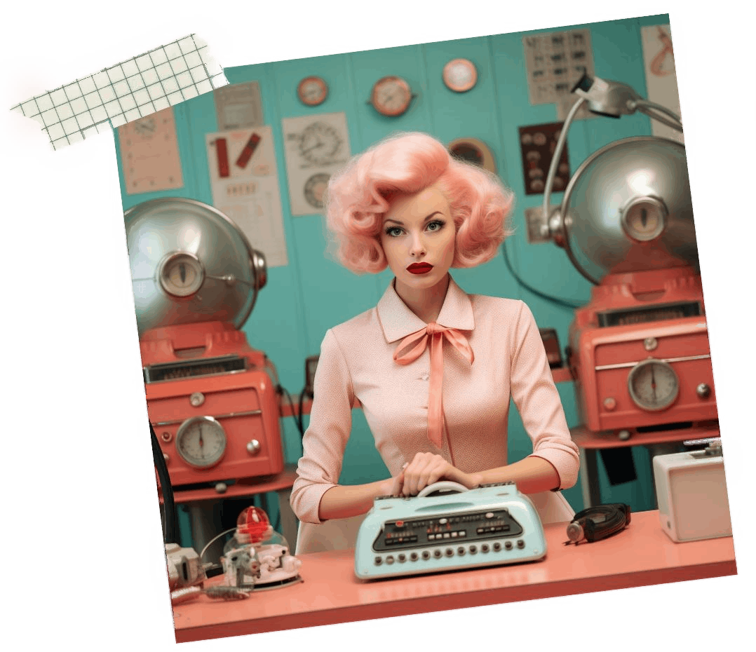 A fifties style secretary with pastel pink hair sitting at a desk with a type writer