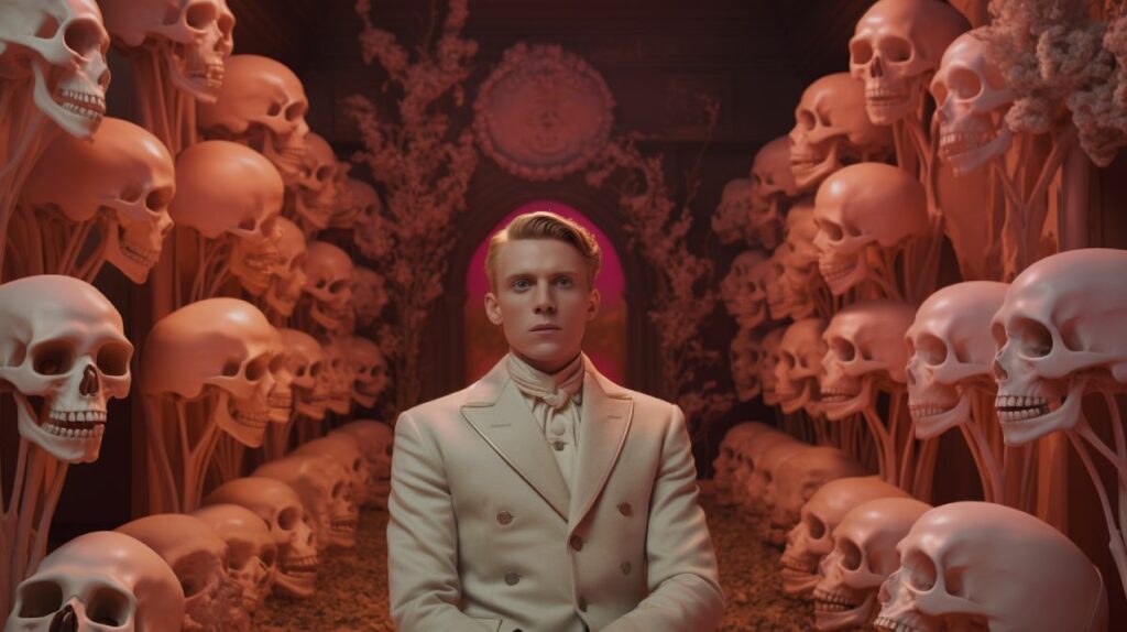 AI: to be, or be left behind? Image in pink tones featuring a young blond man in a suit sitting in a hallway of skulls
