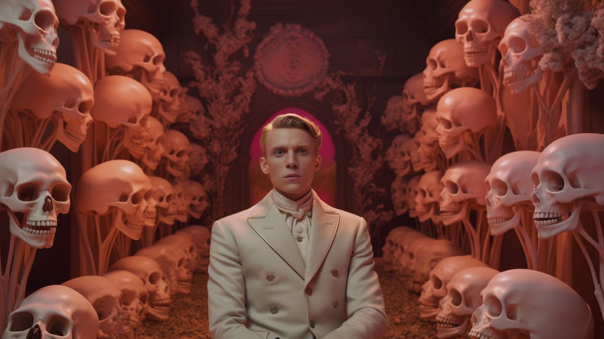 AI: to be, or be left behind? Image in pink tones featuring a young blond man in a suit sitting in a hallway of skulls