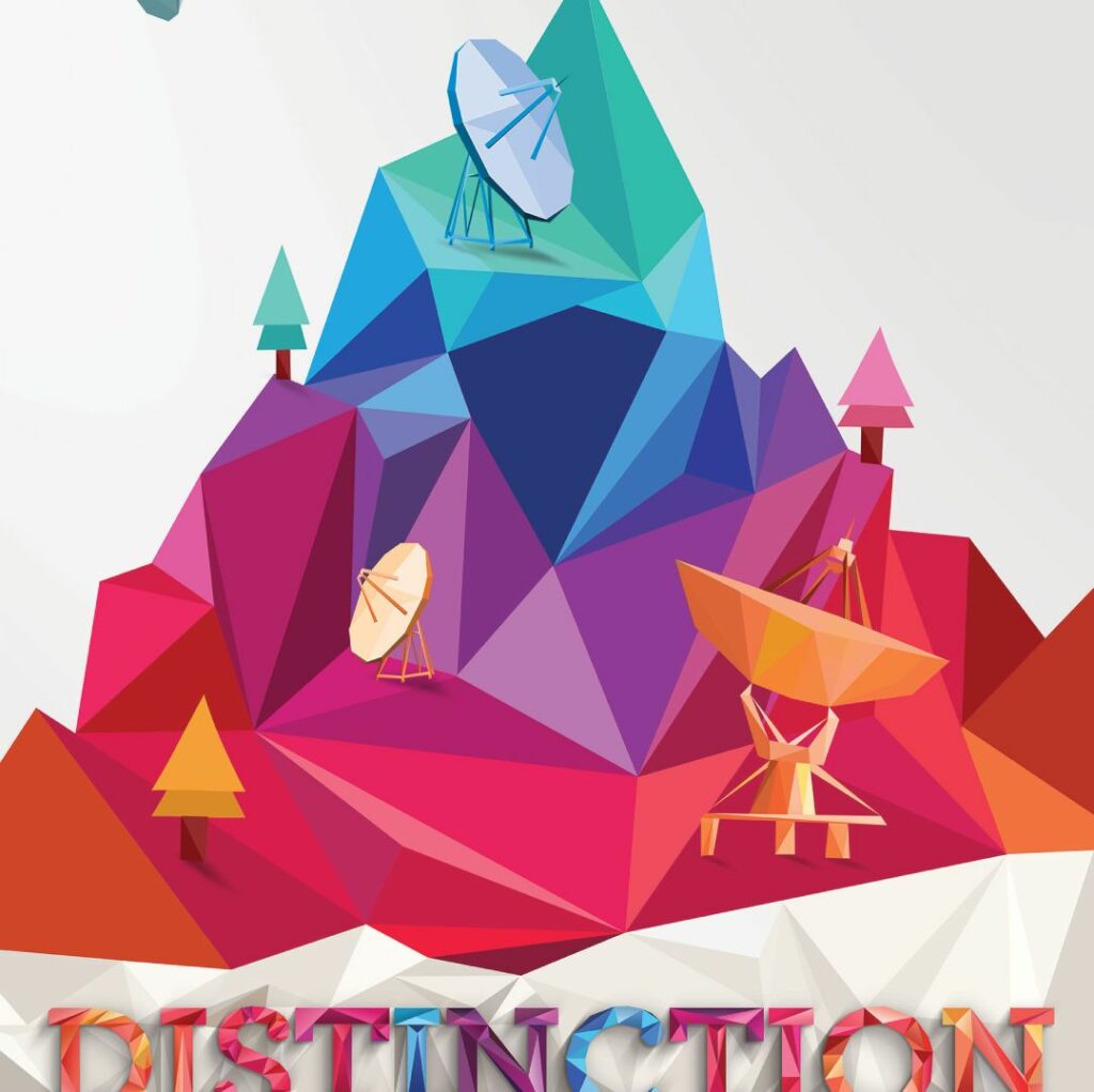 Event invitation design for DStv Media Sales showing a colourful faceted mountain with satellite dishes