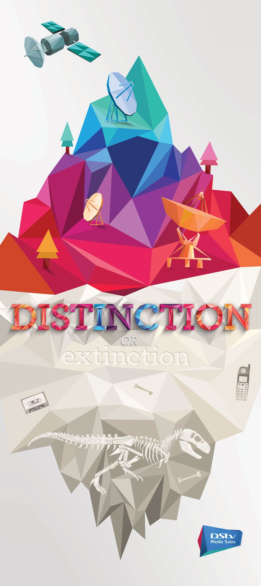 Distinction or extinction Event collateral design for DStv Media Sales showing a colourful faceted mountain with satellite dishes on top and a dinosaur skeleton below
