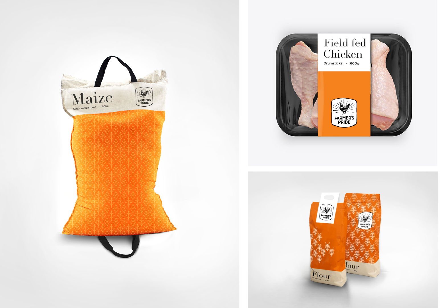 A bread flour bag, maize meal bag and chicken packaging design for VKB featuring an orange pattern