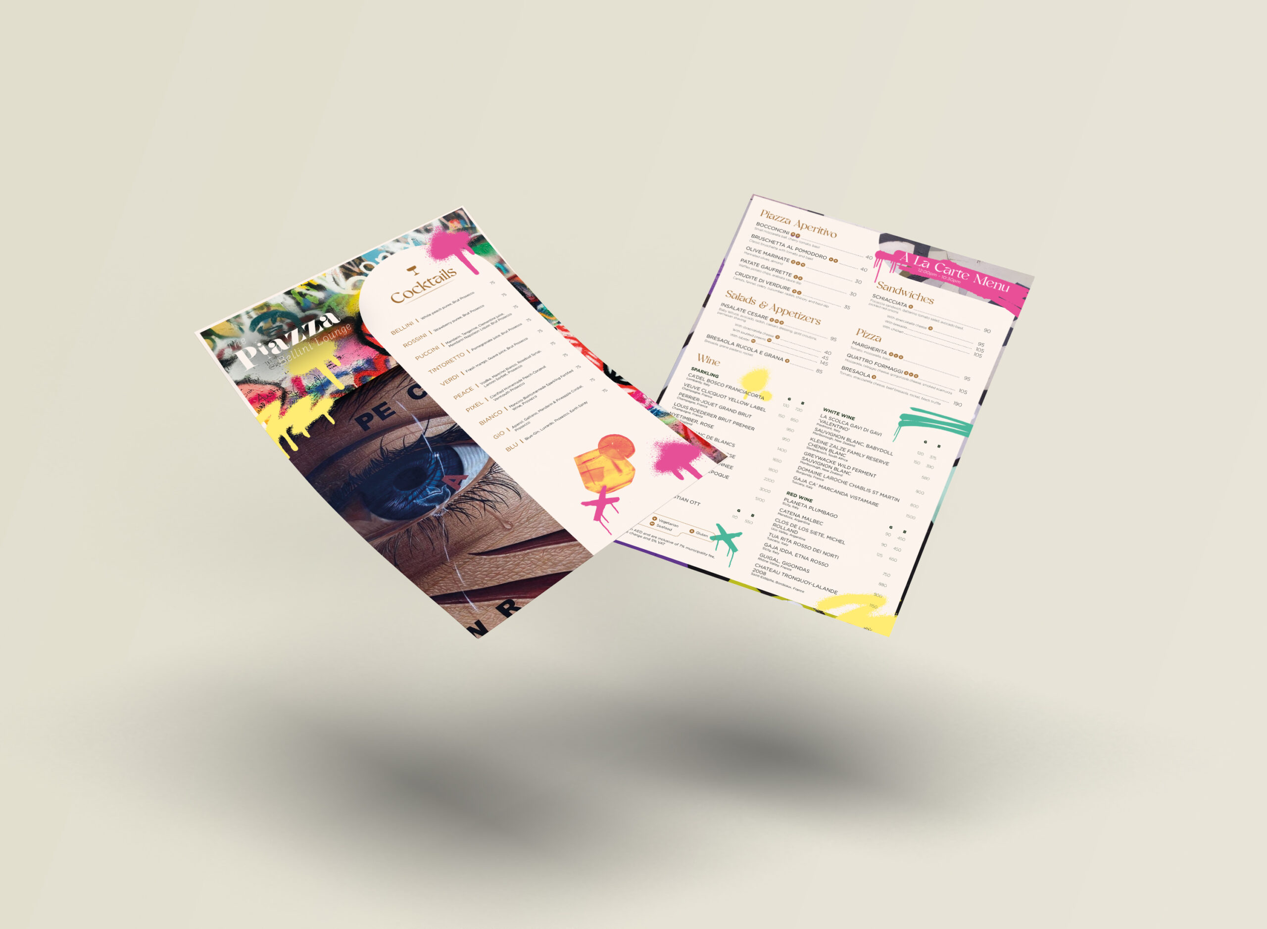 Cocktail menu designed by Silver Hare Creative for Piazza Bellini Cocktail Lounge in Caesar's Palace Dubai