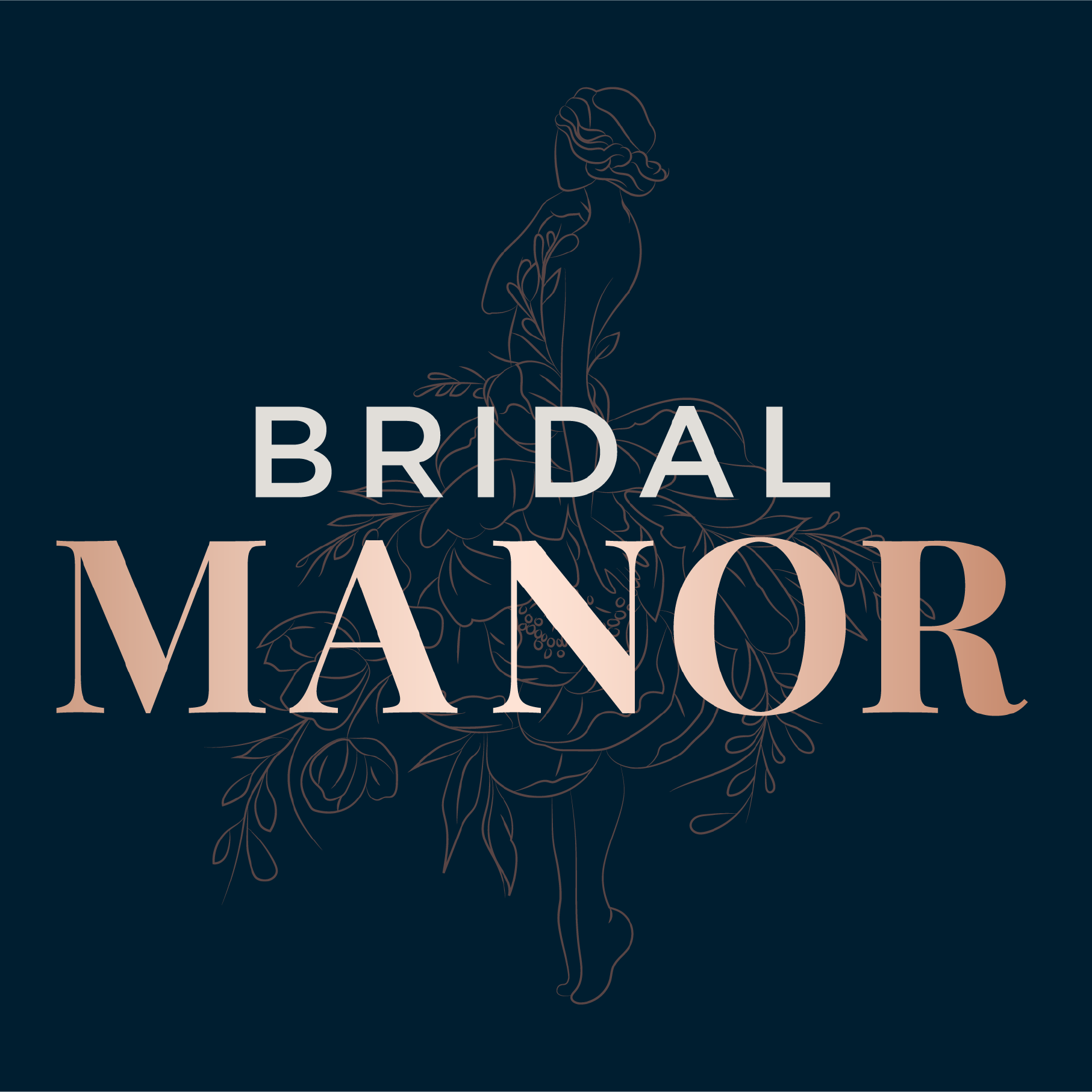 Bridal Manor logo designed by Silver Hare Creative with a woman dressed in a flower dress behind text "Bridal Manor"