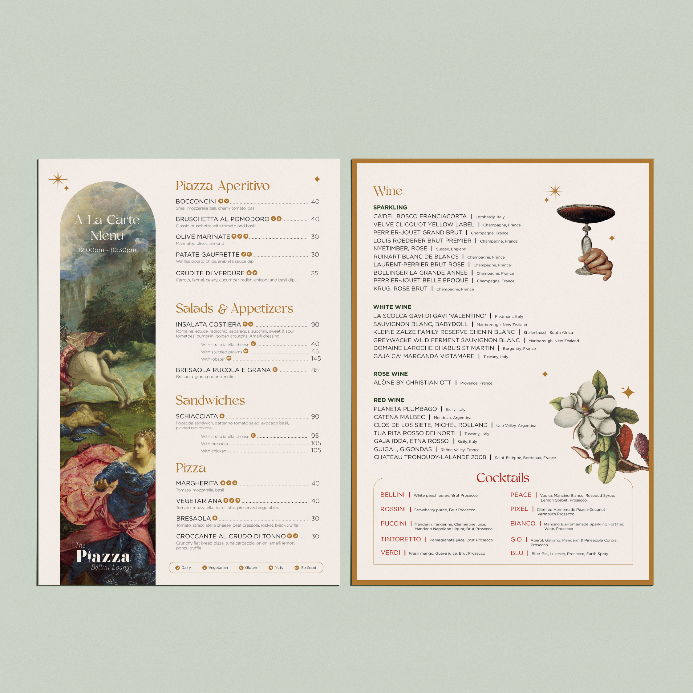 A menu designed by Silver Hare Creative for Piazza Bellini Cocktail Lounge in Caesar's Palace Dubai