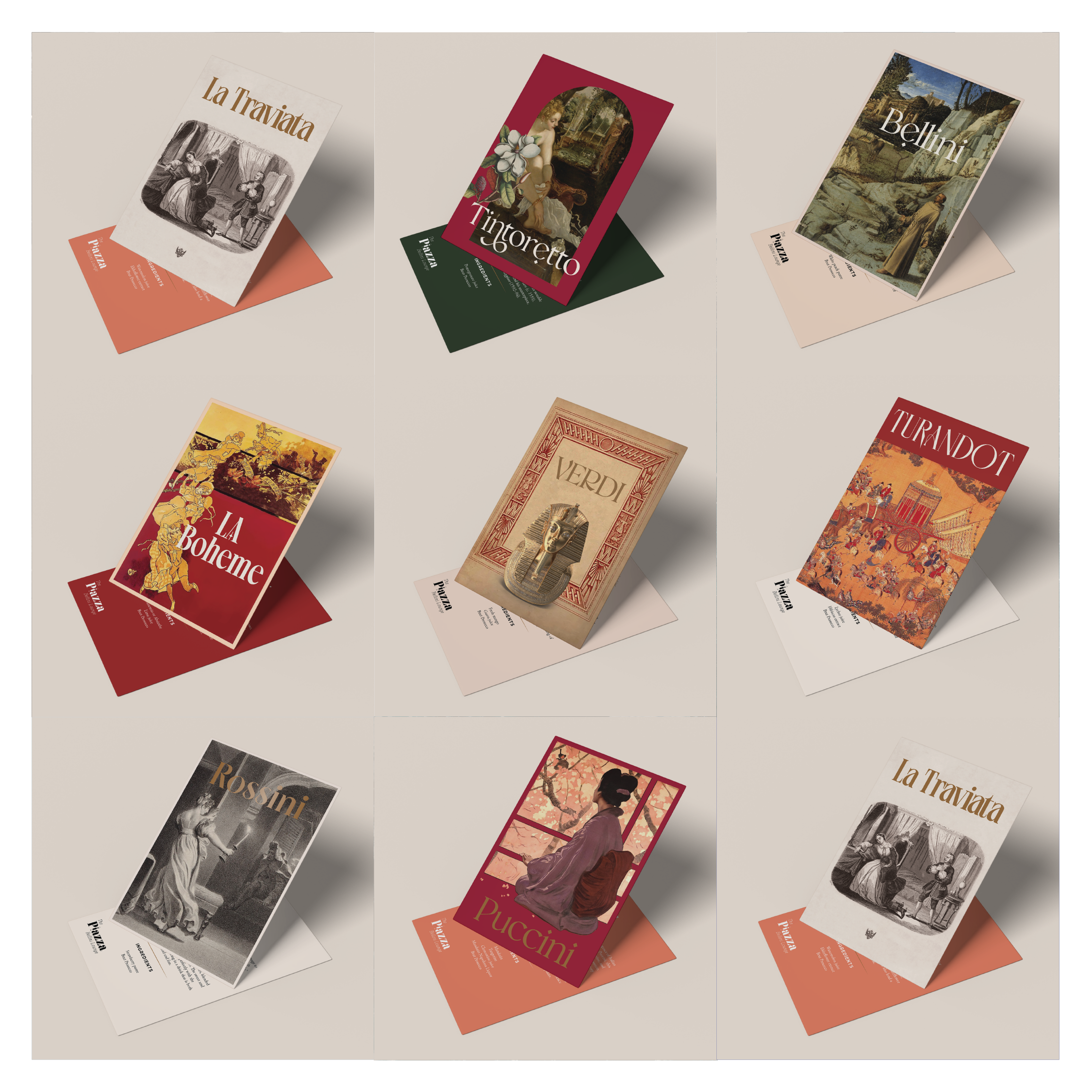 Set of cocktail cards designed by Silver Hare Creative for Piazza Bellini Cocktail Lounge in Caesar's Palace Dubai