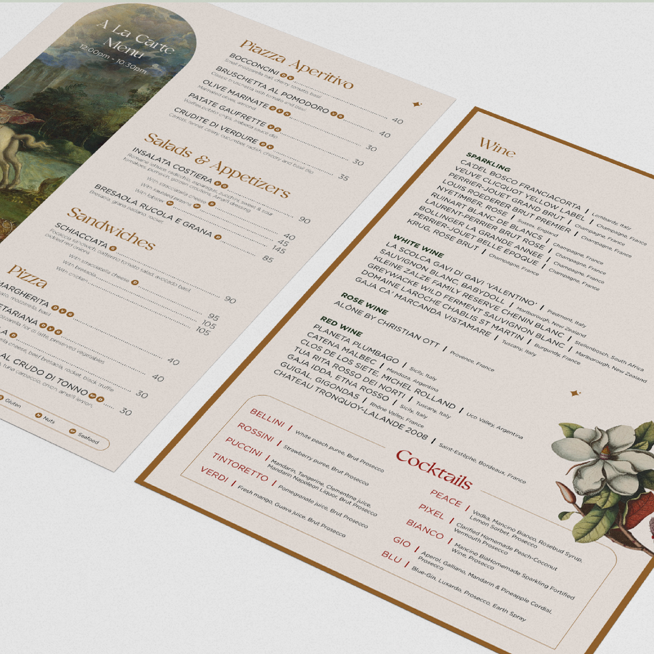 An angled view of the menu designed by Silver Hare Creative for Piazza Bellini Cocktail Lounge in Caesar's Palace Dubai