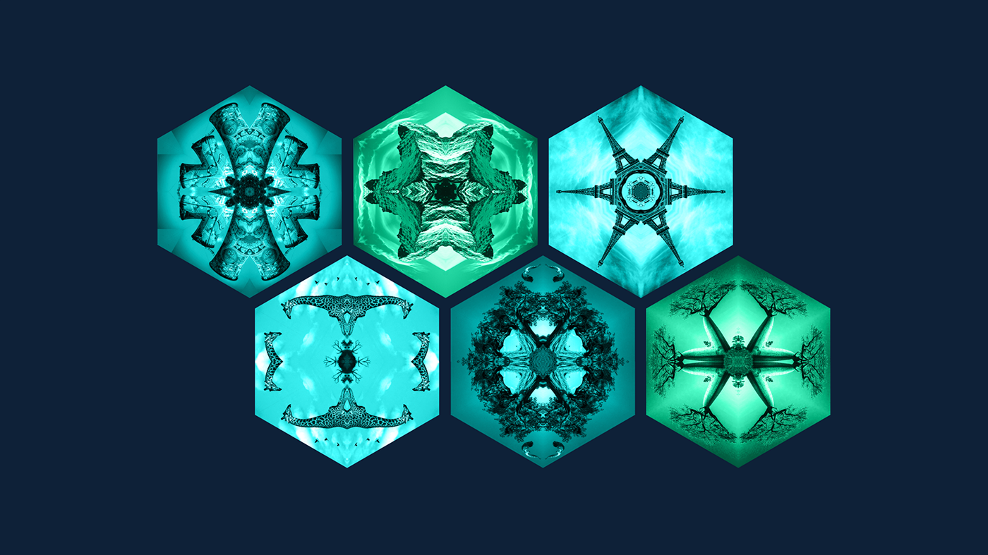 Hexagons containing photo kaleidoscopes in the Envision Africa colour palettes of blues and greens. Kaleidoscopes feature landmarks from around the world.