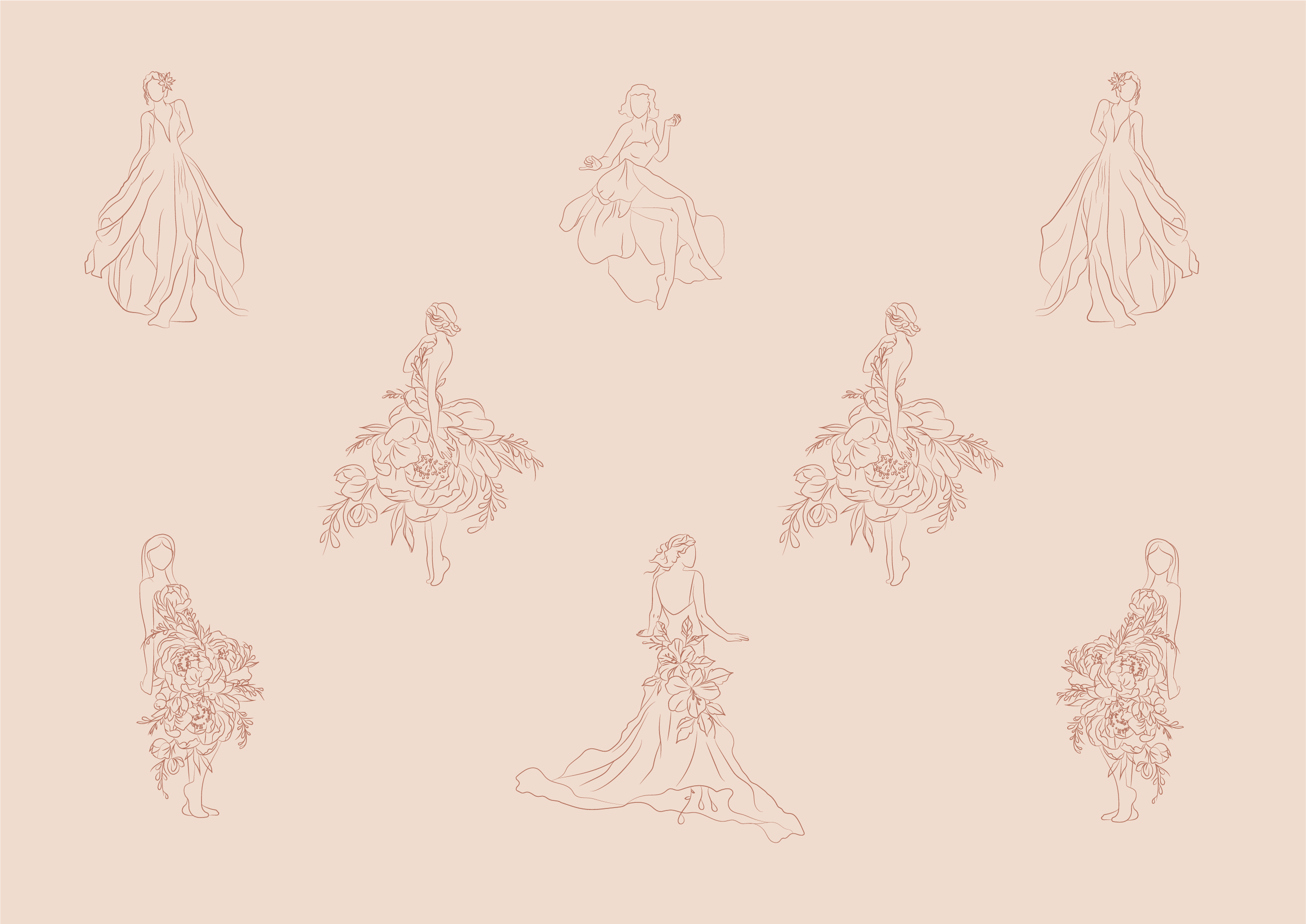 Bridal Manor illustrations by Silver Hare Creative of women dressed in flower dresses made to look like wedding dresses