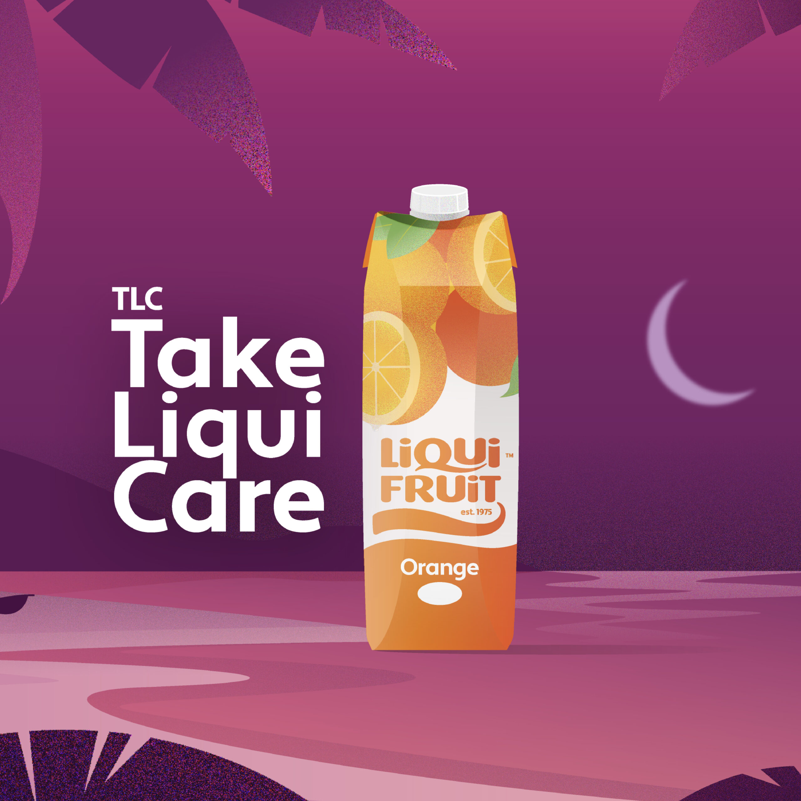 An illustrated Liqui Fruit box set against a twilit island backdrop